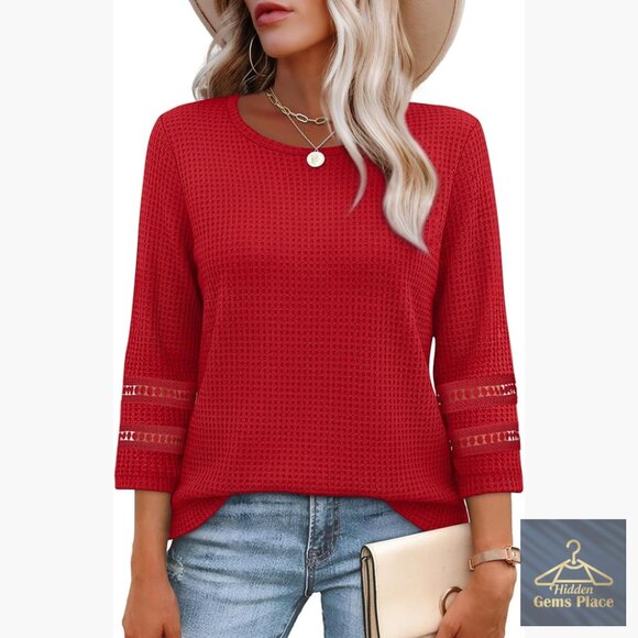 Tops - Plus Size Lace Crochet Blouse 3/4 Sleeve Waffle Knit Dressy Casual Top